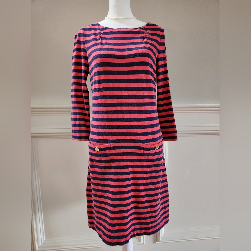 Lilly Pulitzer Charlene Pink And Navy Striped Long Sleeve Dress XS - Picture 2 of 8